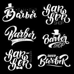 Barber shop set lettering. Brand logo prit for t-shirt. Hand made lettering for a stickers, print materials, banners, posters, signboard, logotype, card, label, badge, emblem. Vector