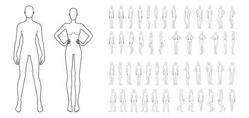 Fashion template of 50 men and women. 9 head size for technical drawing. Gentlemen and lady figure front, side, 3-4 and back view. Vector outline boy and girl for fashion sketching and illustration. - obrazy, fototapety, plakaty