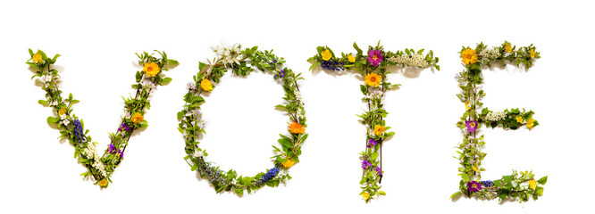 Flower, Branches And Blossom Letter Building English Word Vote. White Isolated Background