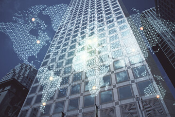 Double exposure of business theme hologram drawing and city veiw background. Concept of success.