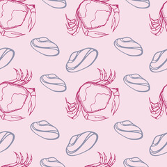 Seamless pattern with shells and crabs.