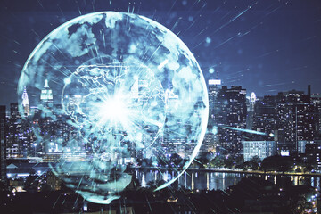 Double exposure of business theme hologram drawing and city veiw background. Concept of success.