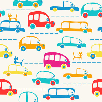 Cartoon retro seamless pattern with bright cars. Vector illustration