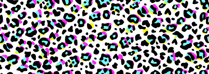 Vector seamless leopard colorful print. Minimal cute animal children pattern with little heart. Fabric for leggings, tote makeup bag, carry-all pouch, pillow, t-shirt design. Black, yellow, blue, pink © Alona Khadzhyoglo
