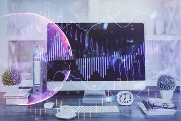 Forex graph hologram on table with computer background. Double exposure. Concept of financial markets.