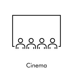Icono plano lineal con palabra cinema con pantalla y audiencia sentada en color negro