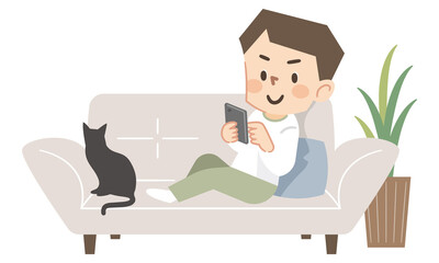 ソファーでスマホを操作する男性