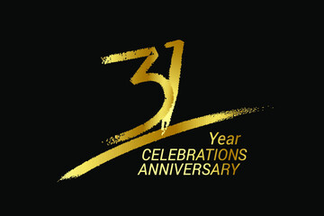 31 year anniversary chalk, golden ink Style , minimalist logo. years, jubilee, greeting card. Birthday invitation sign. Black space vector illustration on black background - Vector