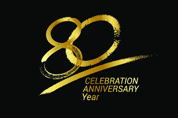80 year anniversary chalk, golden ink Style , minimalist logo. years, jubilee, greeting card. Birthday invitation sign. Black space vector illustration on black background - Vector