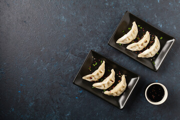 Original Japanese dumplings Gyoza with chicken and vegetables.Top view. Flat lay. Dark blue backgrund.