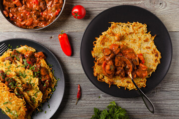 Hungarian potato pancake with goulash