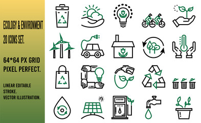 Ecology and Environment thin line two color icon Set.  64*64 px Grid Pixel Perfect. Linear Editable Stroke. Vector Illustration.