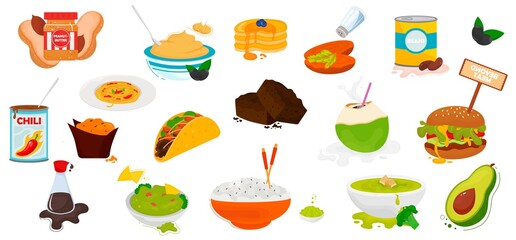 World cuisine food and meals icons isolated on white background. Vector illustration. Vegetarian and healthy food menu