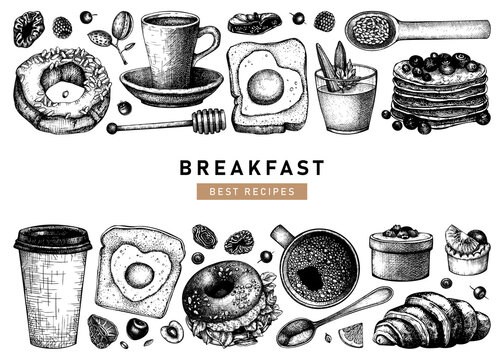 Hand sketched breakfast illustrations collection. Morning food and hot drinks menu vector template. Breakfast and brunch dishes background. Vintage hand drawn food sketches.