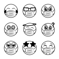 emoticon with medical mask coronavirus covid-19 pandemic, line cartoon style icons set