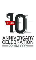 10 year anniversary Speed Style celebration, minimalist logo, jubilee, red ribbon line design black on white background for greeting card. invitation, banner - Vector