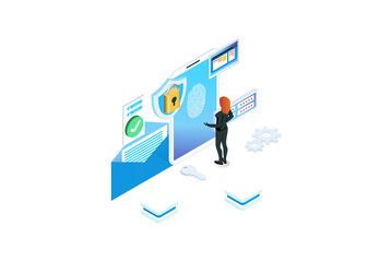 Isometric activity Phishing via internet concept illustration. Email spoofing or fishing messages. Hacking credit card or personal information website. Cyber banking account attack. Online sucurity.