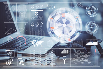 Double exposure of computer and technology theme hologram. Concept of freelance work.