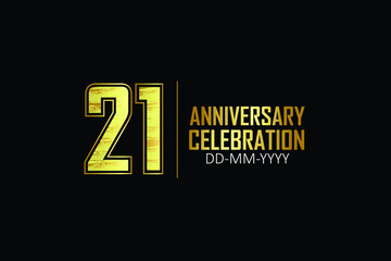 21 year anniversary celebration Yellow Golden Color Sporty Design logotype. anniversary logo isolated on Black background, for celebration, invitation card, and greeting card - Vector
