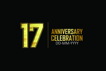 Obraz premium 17 year anniversary celebration Yellow Golden Color Sporty Design logotype. anniversary logo isolated on Black background, for celebration, invitation card, and greeting card - Vector