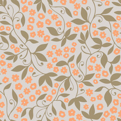 Green orange floral tendril seamless vector pattern background for fabric, scrapbooking projects, wallpaper. © Agnes