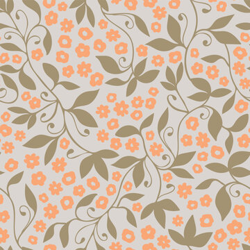 Green orange floral tendril seamless vector pattern background for fabric, scrapbooking projects, wallpaper.