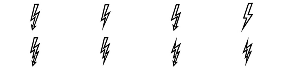 Set of line icons representing lightning bolt, lightning strike or thunderstorm. Suitable for voltage, electricity and power signs. Vector Illustration