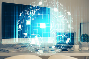 Computer on desktop with social network theme icon. Multi exposure. Concept of international connections.