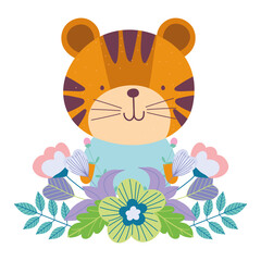 little tiger flowers cartoon cute animal characters leaves nature design