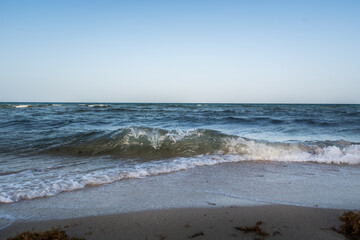 Wet fine sand on the beach, sea waves hitting the shore, low angle photo. Tropical beach with endless ocean water on horizon. Wide shot, fast shutter speed