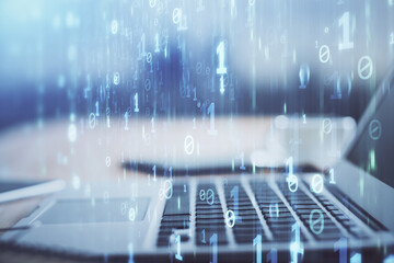 Technology theme drawing and table with computer. Double exposure. Concept of information.