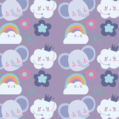 faces elephant flowers rainbow cloud cartoon cute animals characters background