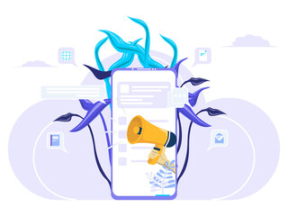 Business Advertising Promotion. Hand holding the loudspeaker inside the smartphone. Digital marketing advertising concept. Flat vector illustration.