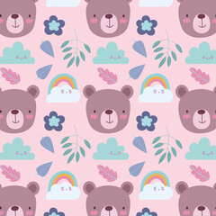 cartoon cute animals characters bear faces rainbow clouds leaves and flowers background