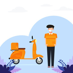 Illustration of concept of sending without contact. Vector humans in masks and protective boxes with a safe distance to protect the form of the 19th virus or coronavirus.