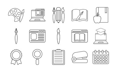 education school and university line style icon set vector design