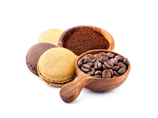 Sweet coffee macarons with coffee beans isolated on white background. Clipping Path.