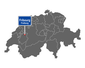 Landkarte der Schweiz mit Ortsschild von Fribourg