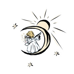 Cute baby angel on moon. Symbol god of man. Concept of resurrection of Jesus Christ. Christmas, Easter design. 