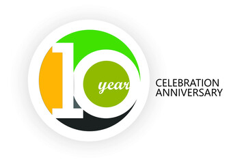 10 year anniversary Circle Simple, abstract logo years, jubilee, greeting card. Birthday invitation sign. 4 colors space vector illustration on white background circle style - Vector