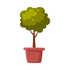 Miniature Tree in Flowerpot, Green Potted Plant Flat Style Vector Illustration on White Background