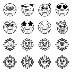 emoticon with medical mask and virus coronavirus covid-19 pandemic, line cartoon style icons set