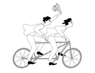Just married happy homosexual couple riding tandem with flower bouquet