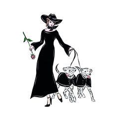 Elegant woman in black dress walking with three dogs. Woman dressed in victorian old fashioned style clothes. People of 19th century.
