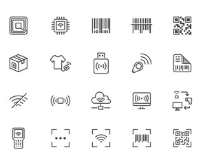 RFID, qr code, barcode line icon set. Price tag scanner, label reader, identification microchip vector illustration. Simple outline signs retail safety application. Pixel Perfect Editable Stroke