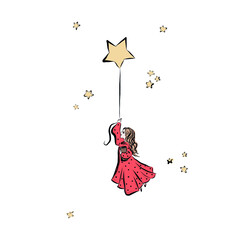 Illustration for children's book with girl flying in a star-shaped balloon