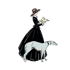Elegant vintage woman in fur coat walking with dog. Woman dressed in victorian old fashioned style clothes. Lady of 19th century.