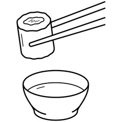 Sushi roll in chopsticks and bowl of sauce