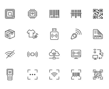 RFID, qr code, barcode line icon set. Price tag scanner, label reader, identification microchip vector illustration. Simple outline signs retail safety application. Pixel Perfect Editable Stroke
