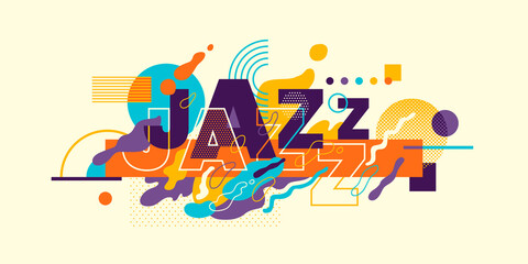 Naklejka premium Projekt banera jazzowego z typografią, wykonany z różnych płynnych i geometrycznych kształtów w kolorze. Ilustracji wektorowych.